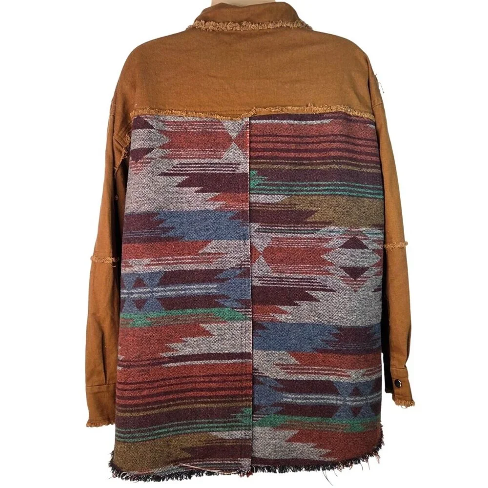 Brown Aztec Frayed Hem Button-Up Jacket Medium By Blue B Collection - Picture 2 of 6